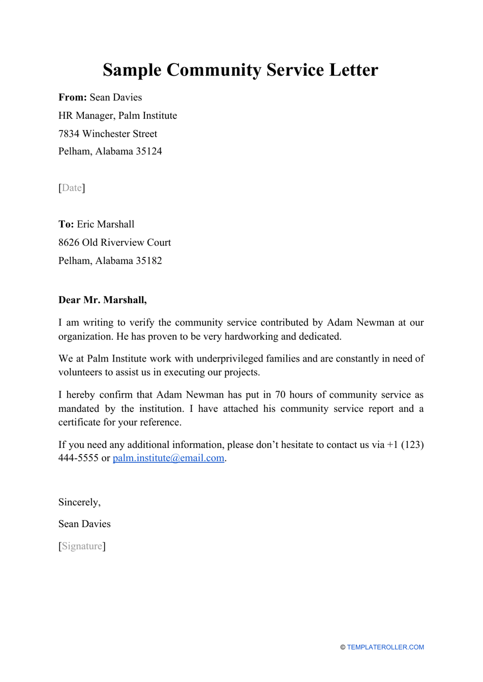 Sample Community Service Letter - Document Preview