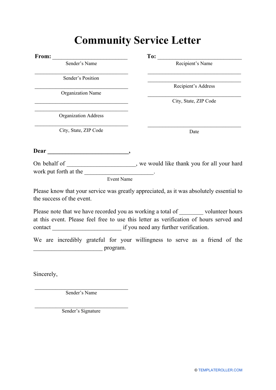 Community Service Letter Template Word Pdf