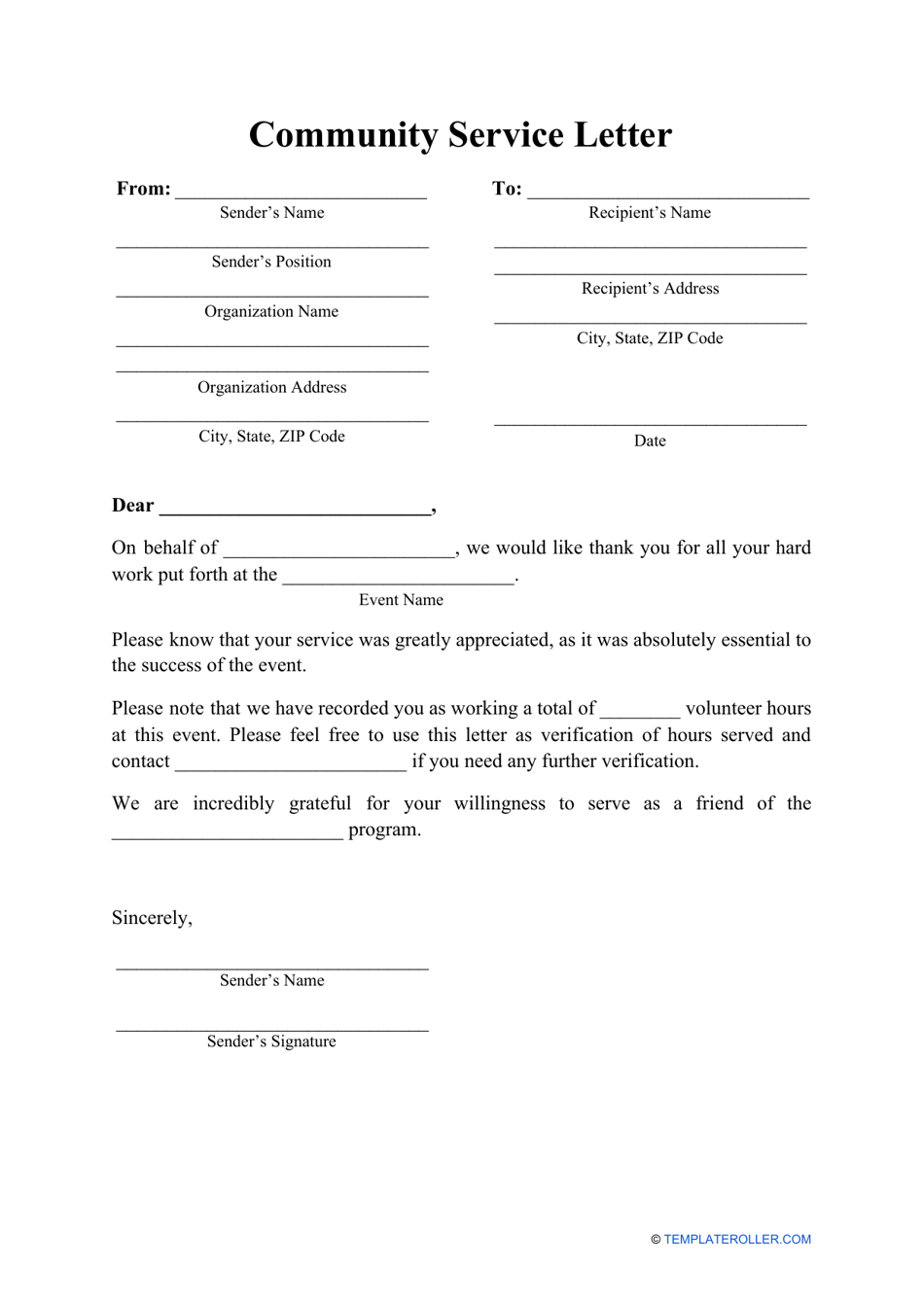 A visually appealing community service letter template