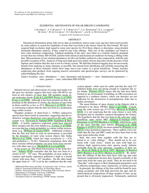 Elemental Abundances of Solar Sibling Candidates research paper by I. Ramirez, A. T. Bajkova, V. V. Bobylev, I. U. Roederer, D. L. Lambert, M. Endl, W. D. Cochran, P. J. Macqueen, R. A. Wittenmyer