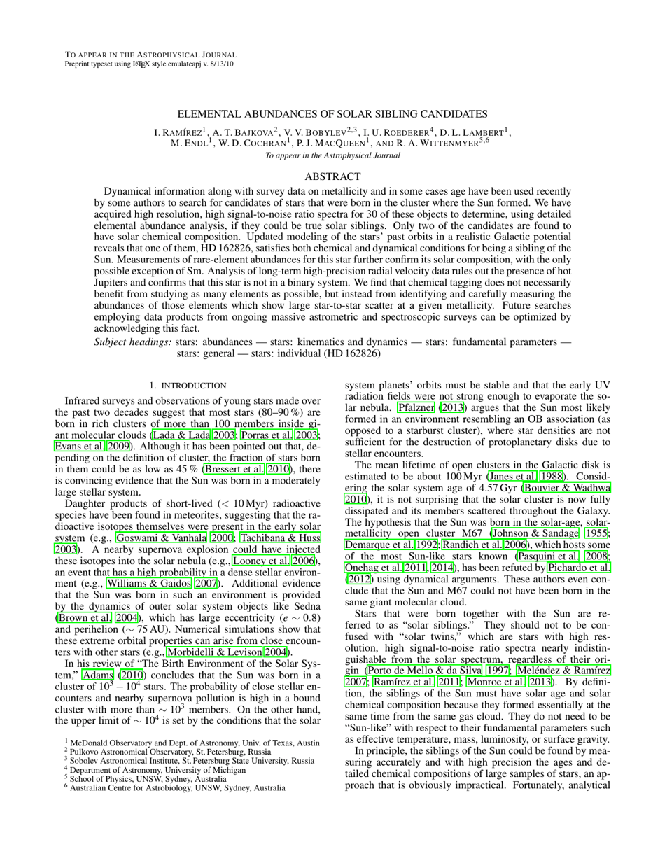 Elemental Abundances Of Solar Sibling Candidates I Ramirez A T Bajkova V V Bobylev I U Roederer D L Lambert M Endl W D Cochran P J Macqueen R A Wittenmyer Download Printable Pdf Templateroller