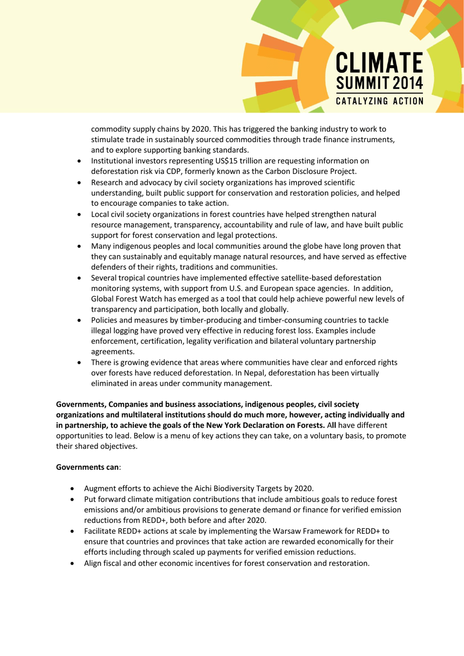 New York Declaration on Forests Action Statements and Action Plans