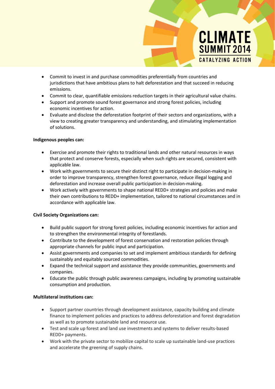 New York Declaration on Forests Action Statements and Action Plans