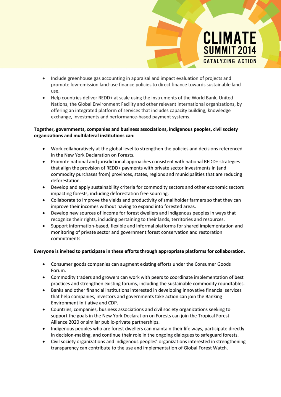 New York Declaration on Forests Action Statements and Action Plans