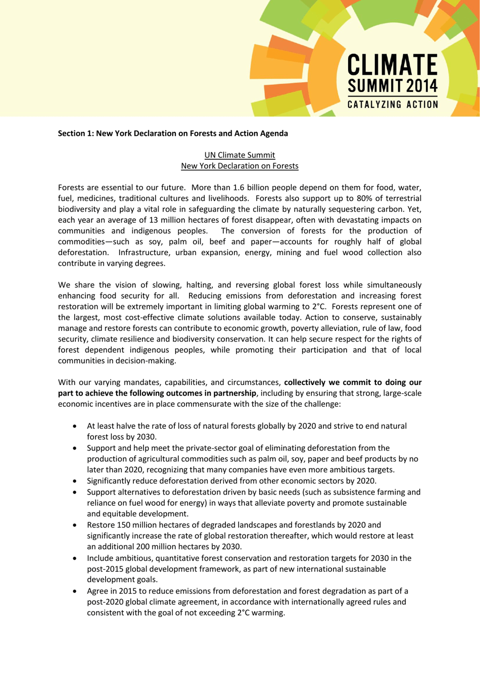 New York Declaration on Forests Action Statements and Action Plans