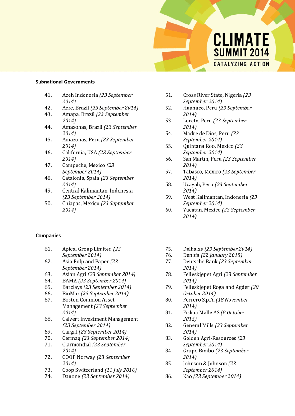 New York Declaration on Forests Action Statements and Action Plans