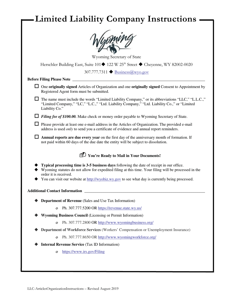 Wyoming Limited Liability Company Articles of Organization Fill Out