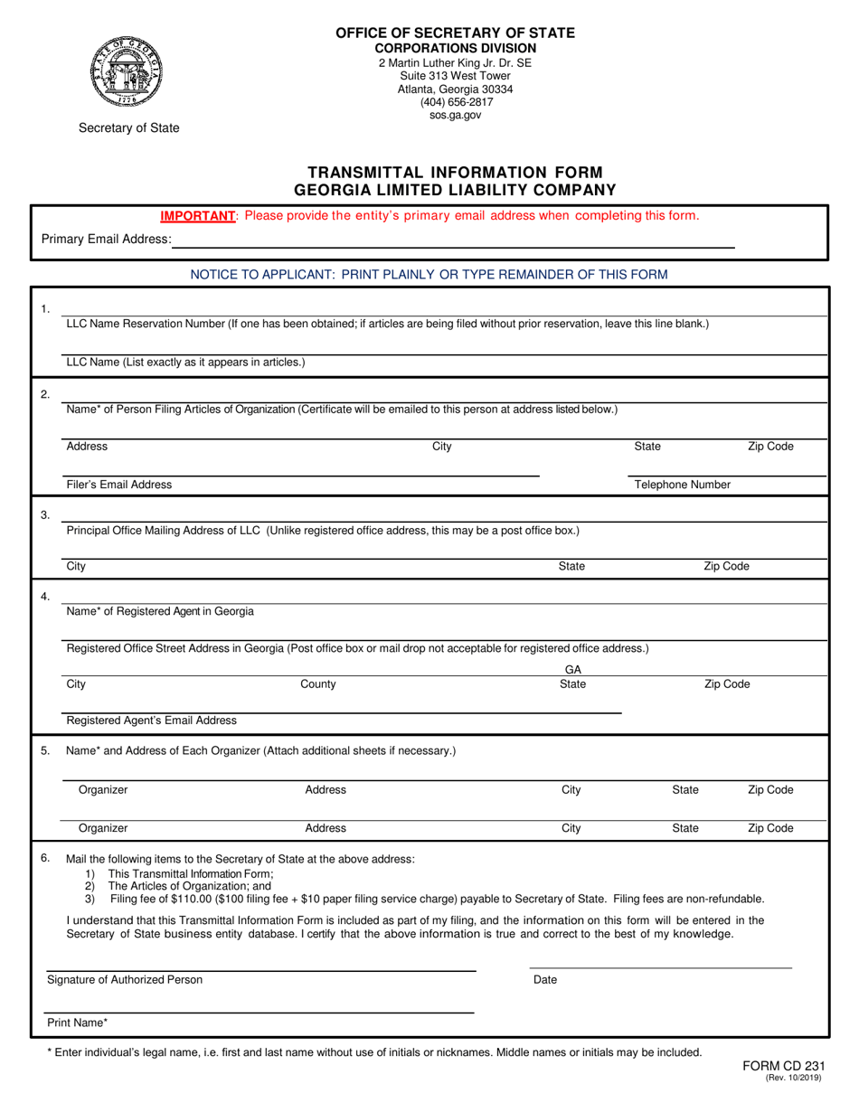 Form CD231 Transmittal Information - Georgia Limited Liability Company - Georgia (United States), Page 1