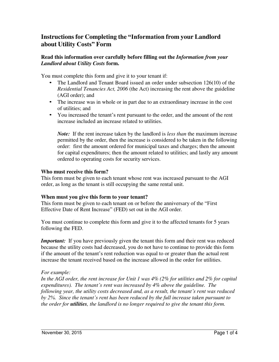 Instructions for Information From Your Landlord About Utility Costs - Ontario, Canada, Page 1
