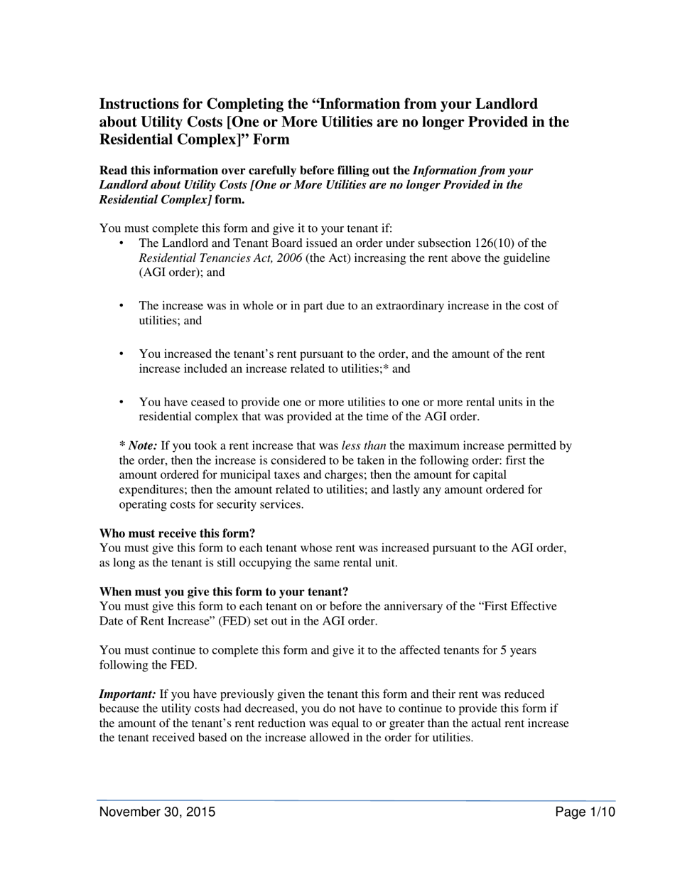 Instructions for Information From Your Landlord About Utility Costs (One or More Utilities Are No Longer Provided in the Residential Complex) - Ontario, Canada, Page 1