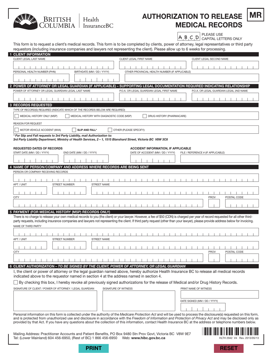 Form HLTH2942 Authorization to Release Medical Records - British Columbia, Canada, Page 1