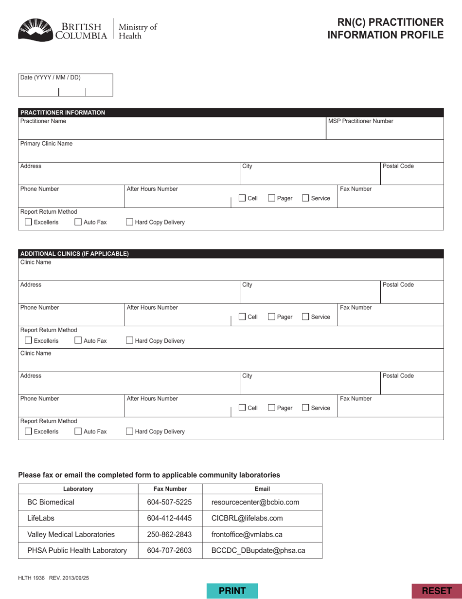 Form HLTH1936 Rn(C) Practitioner Information Profile - British Columbia, Canada, Page 1