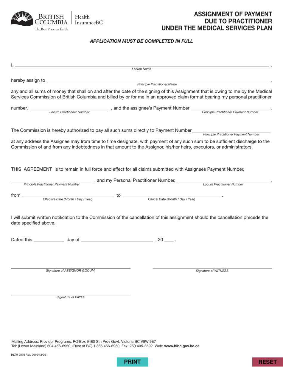 Form HLTH2870 Assignment of Payment Due to Practitioner Under the Medical Services Plan - British Columbia, Canada, Page 1