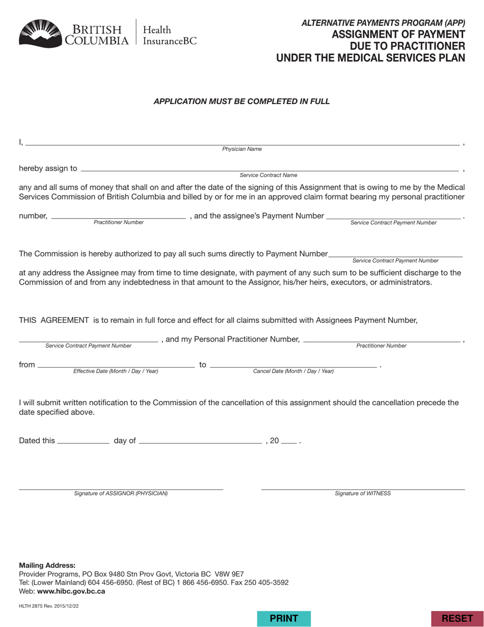 Form HLTH2875 Alternative Payments Program (App) Assignment of Payment Due to Practitioner Under the Medical Services Plan - British Columbia, Canada, Page 1