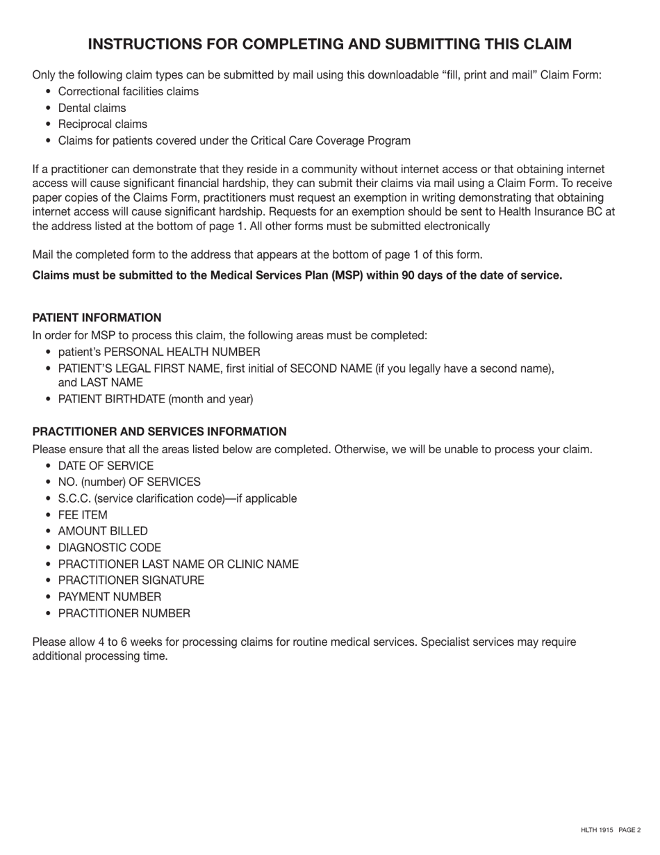 Form HLTH1915 Medical Services Plan (Msp) Pay Practitioner Claim - British Columbia, Canada, Page 2