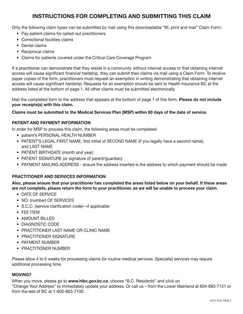 Form HLTH1916 Medical Services Plan (Msp) Pay Patient Claim - British Columbia, Canada, Page 2