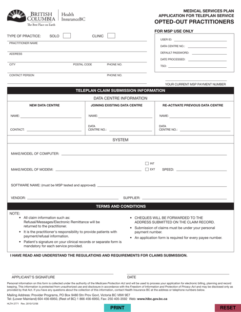 Form HLTH2771  Printable Pdf