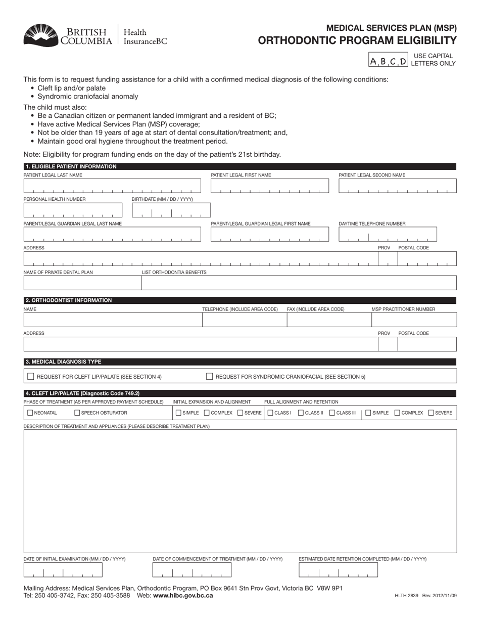 Form HLTH2839 Medical Services Plan (Msp) Orthodontic Program Eligibility - British Columbia, Canada, Page 1