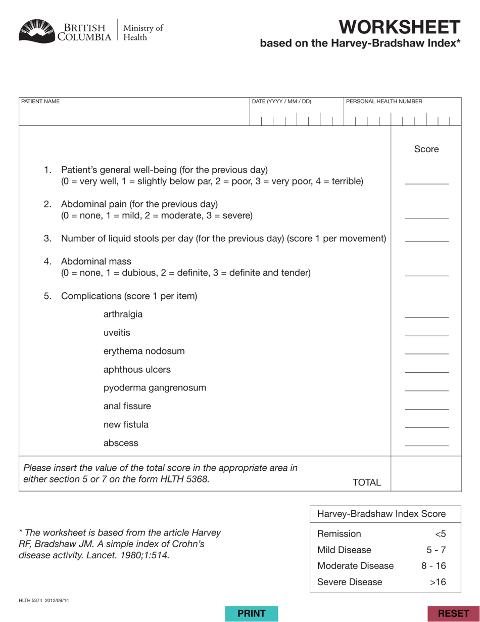 Form HLTH5374 Worksheet (Based on Harvey-Bradshaw Index) - British Columbia, Canada, Page 1