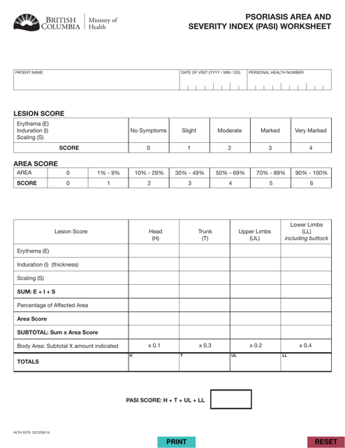 Form HLTH5379 Psoriasis Area and Severity Index (Pasi) Worksheet - British Columbia, Canada