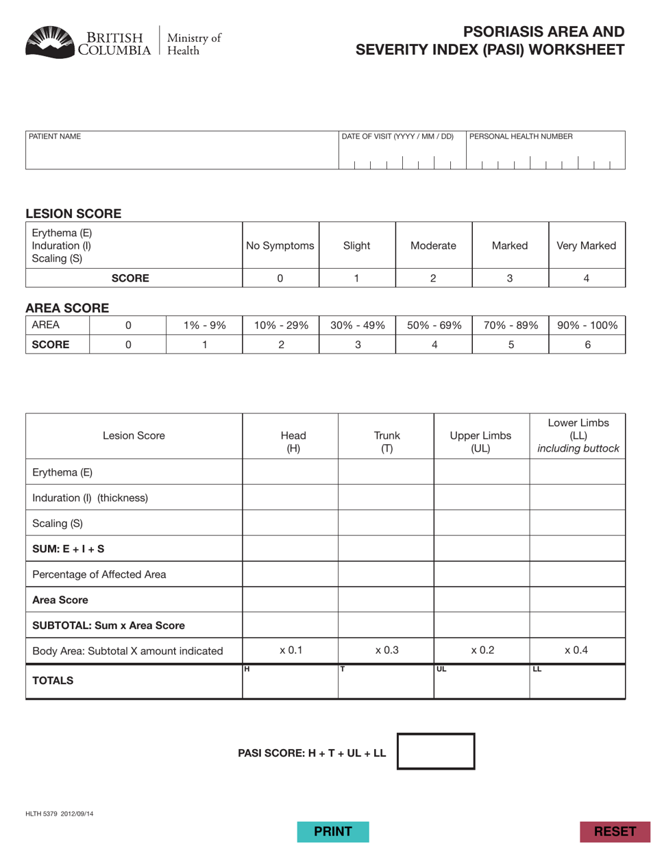 Form HLTH5379 Psoriasis Area and Severity Index (Pasi) Worksheet - British Columbia, Canada, Page 1