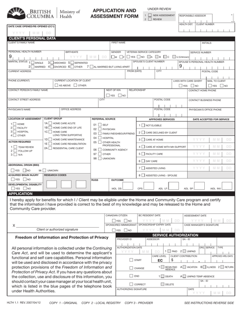 Form HLTH1.1 Application and Assessment Form - British Columbia, Canada