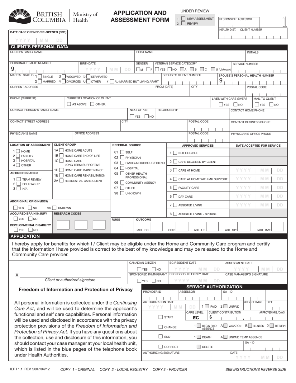 Form HLTH1.1 Application and Assessment Form - British Columbia, Canada, Page 1