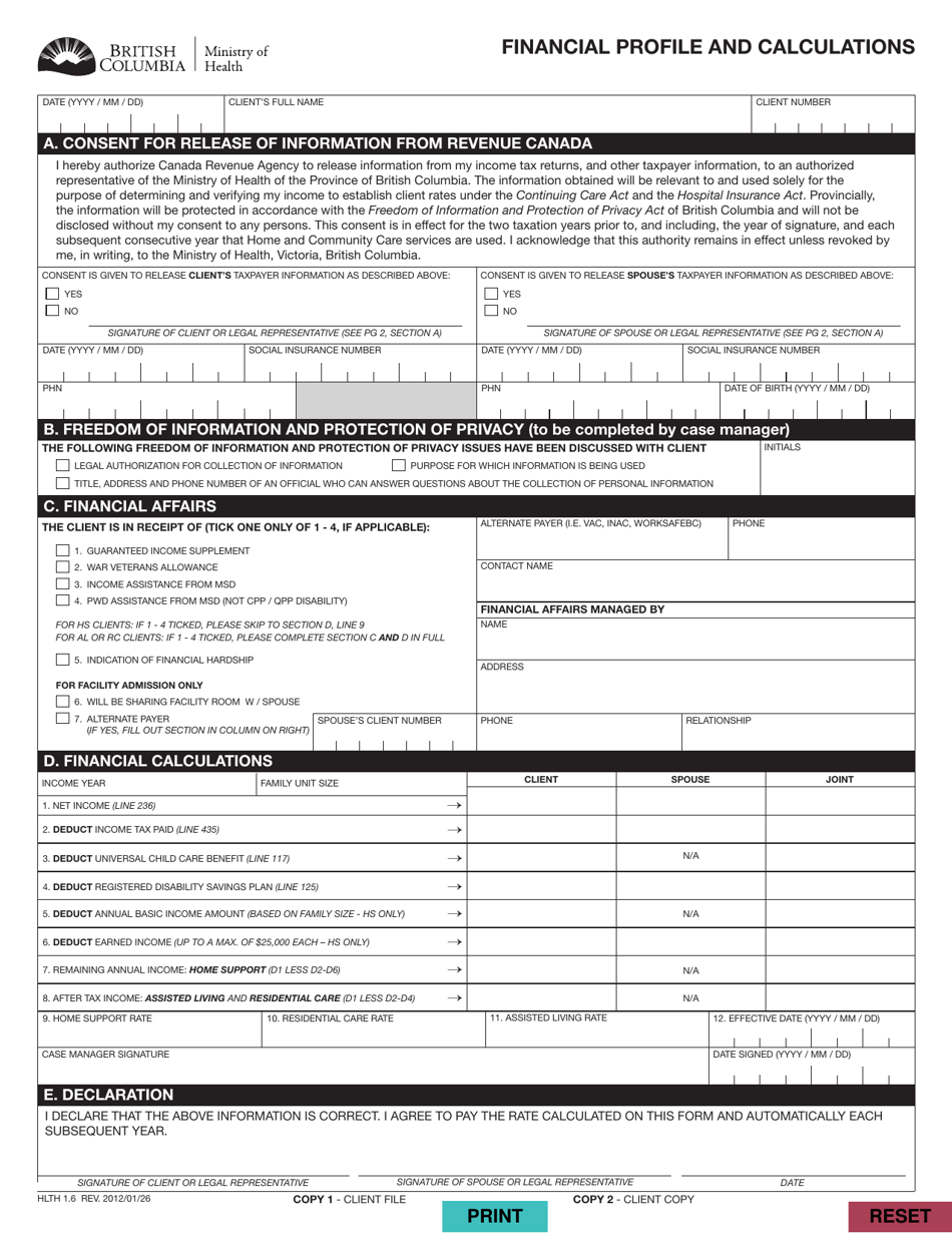 Form HLTH1.6 Financial Profile and Calculations - British Columbia, Canada, Page 1