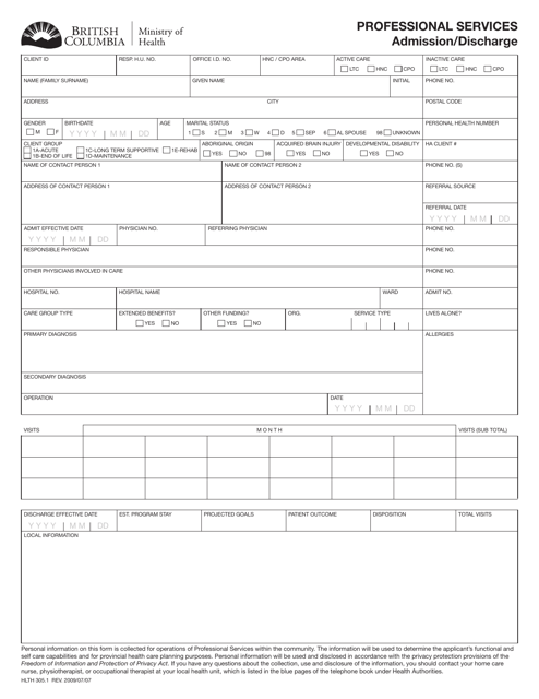 Form HLTH305.1 Professional Services Admission/Discharge - British Columbia, Canada
