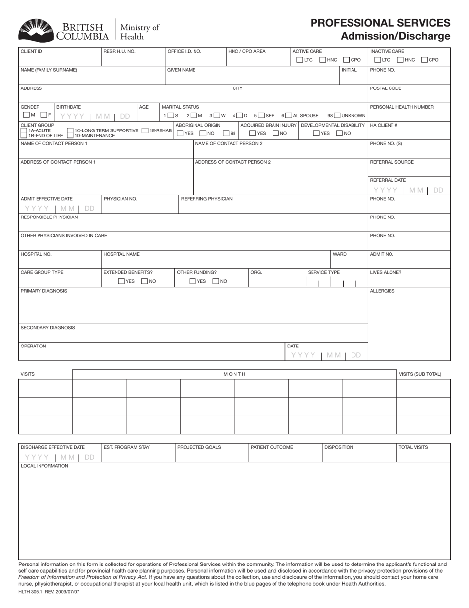 Form HLTH305.1 Professional Services Admission / Discharge - British Columbia, Canada, Page 1