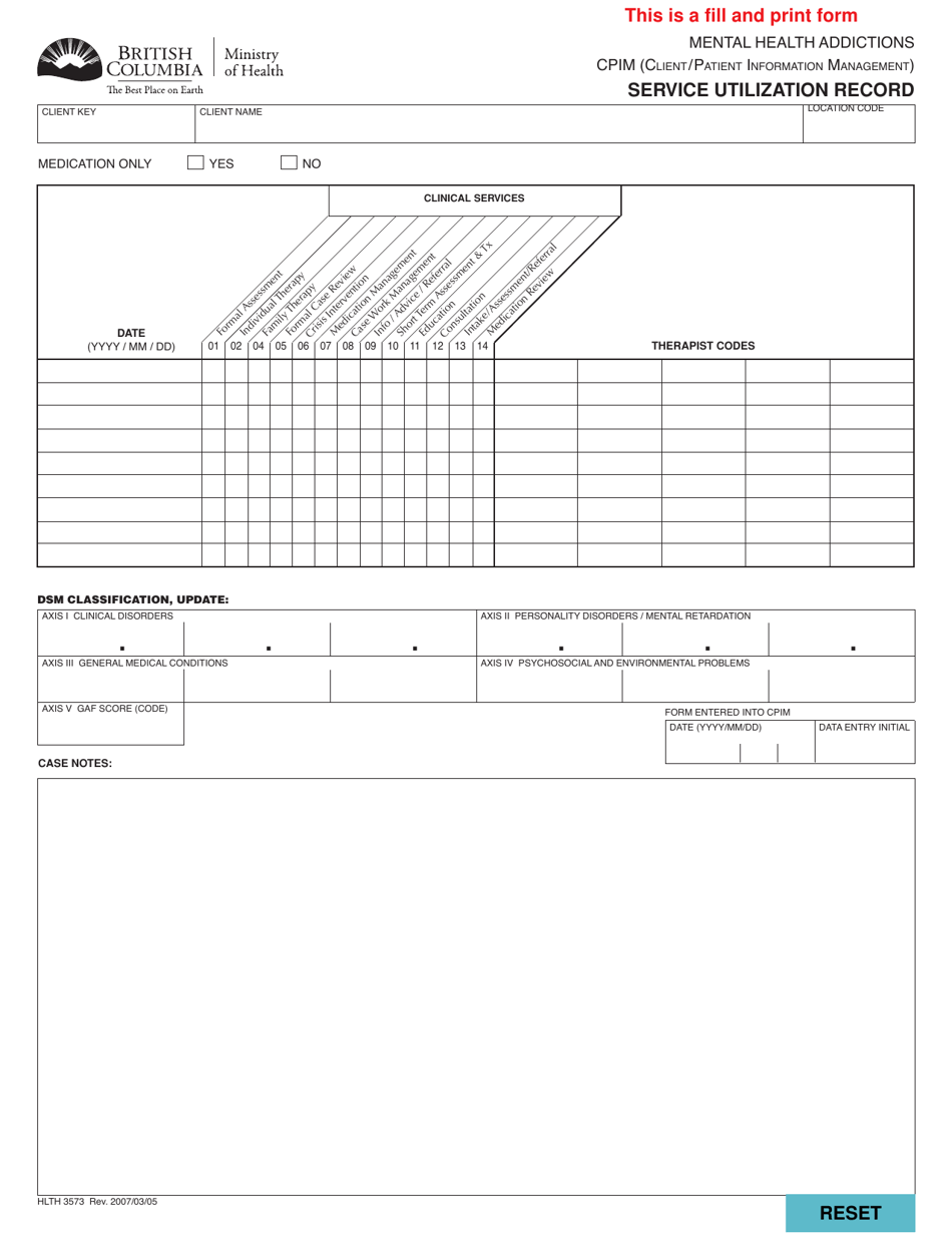 Form HLTH3573 Service Utilization Record - British Columbia, Canada, Page 1