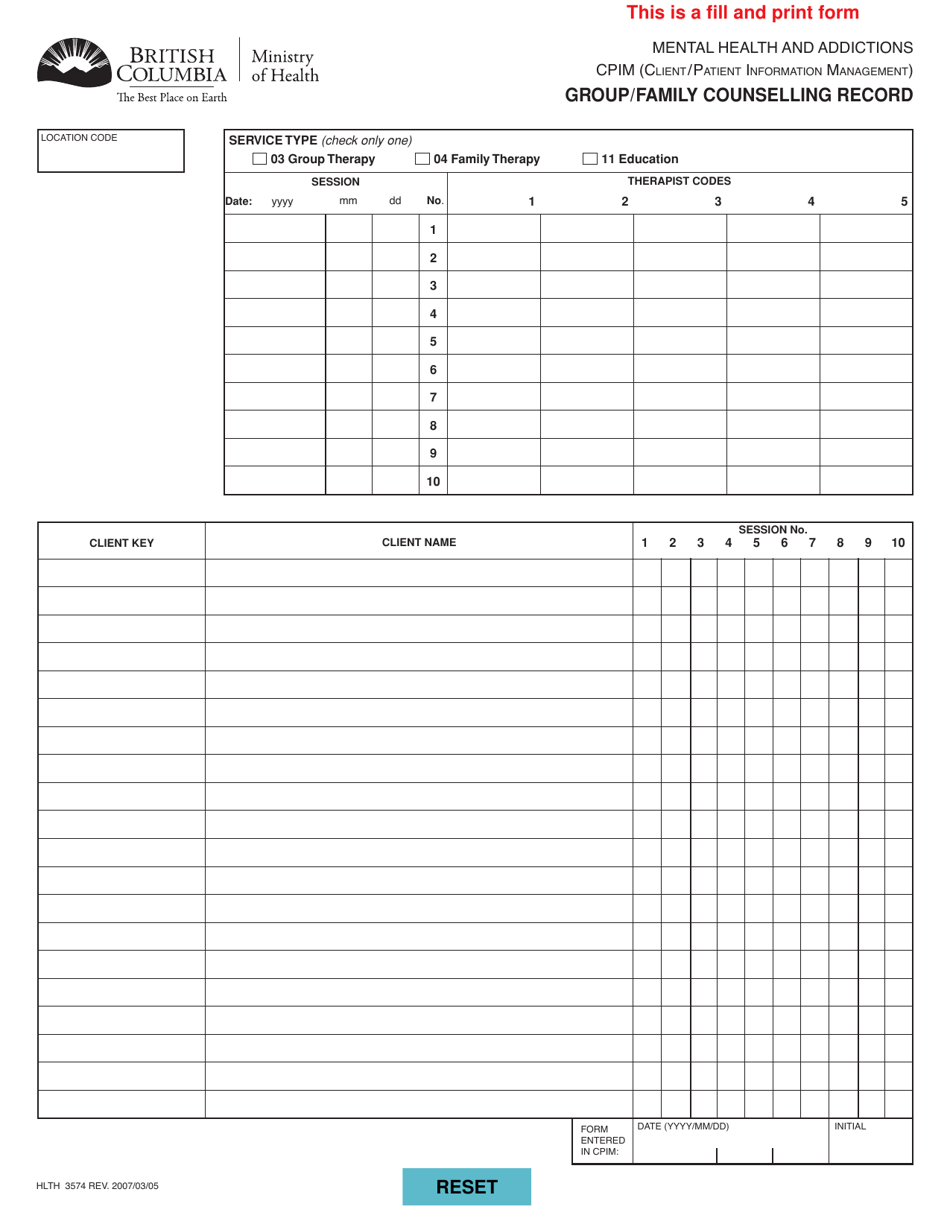Form HLTH3574 Group / Family Counselling Record - British Columbia, Canada, Page 1