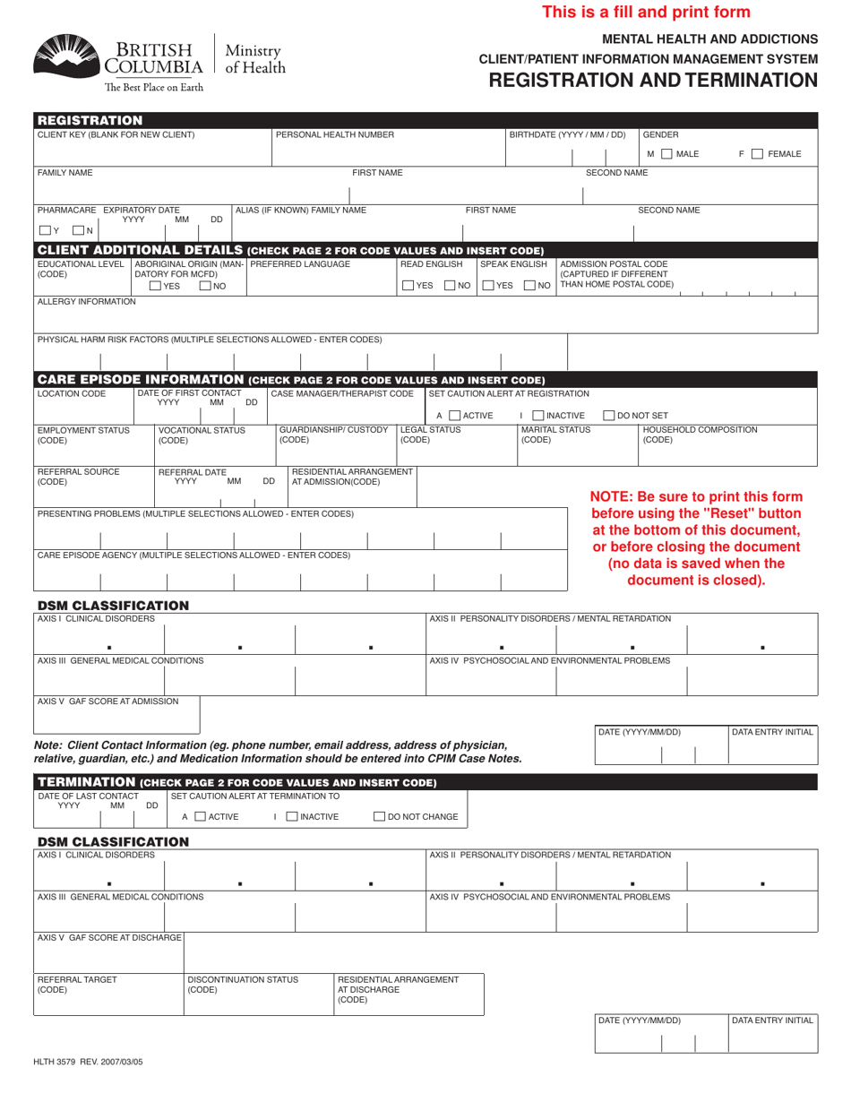 Form HLTH3579 Client / Patient Information Management System Registration and Termination - British Columbia, Canada, Page 1