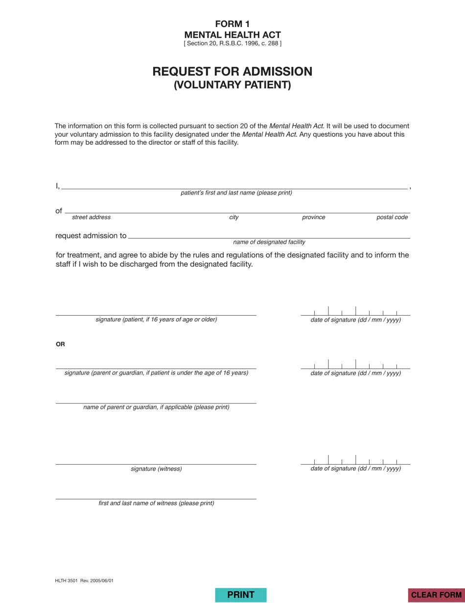 Form HLTH3501 (1) Request for Admission (Voluntary Patients) - British Columbia, Canada, Page 1