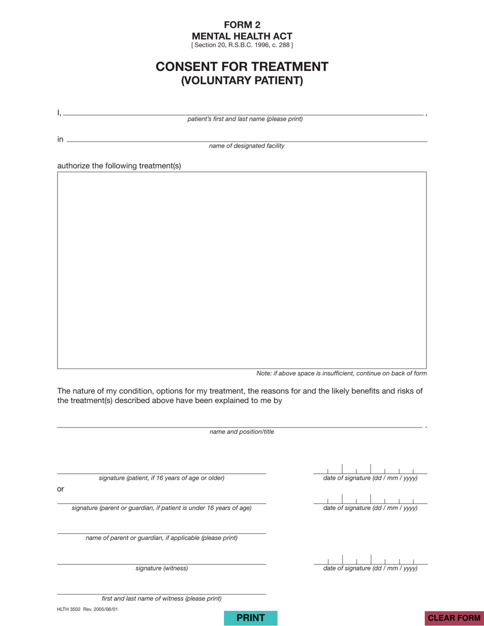 Form HLTH3502 (2) Consent for Treatment (Voluntary Patient) - British Columbia, Canada, Page 1