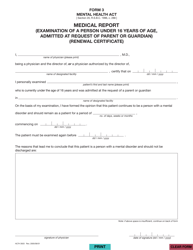 Document preview: Form HLTH3503 (3) Medical Report (Examination of a Person Under 16 Years of Age, Admitted at the Request of Parent or Guardian) (Renewal Certificate) - British Columbia, Canada
