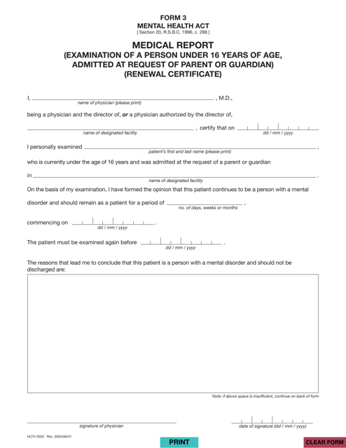 Form HLTH3503 (3) Medical Report (Examination of a Person Under 16 Years of Age, Admitted at the Request of Parent or Guardian) (Renewal Certificate) - British Columbia, Canada