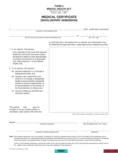 Form HLTH3504 (4) Medical Certificate (Involuntary Admission) - British Columbia, Canada