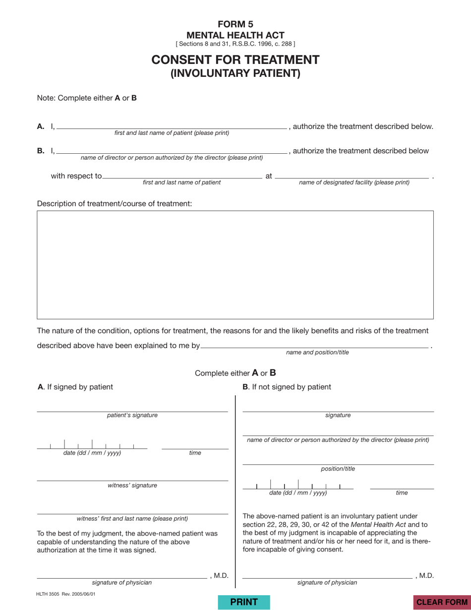 Form 5 (HLTH3505) Consent for Treatment (Involuntary Patient) - British Columbia, Canada, Page 1