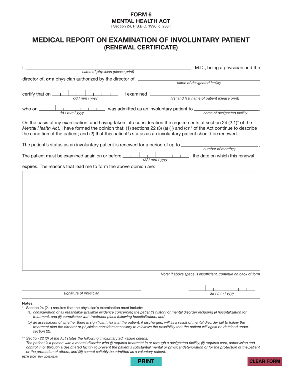 Form HLTH3506 (6) Medical Report on Examination of Involuntary Patient (Renewal Certificate) - British Columbia, Canada, Page 1