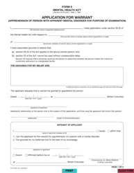Document preview: Form HLTH3509 (9) Application for Warrant (Apprehension of Person With Apparent Mental Disorder for Purpose of Examination) - British Columbia, Canada