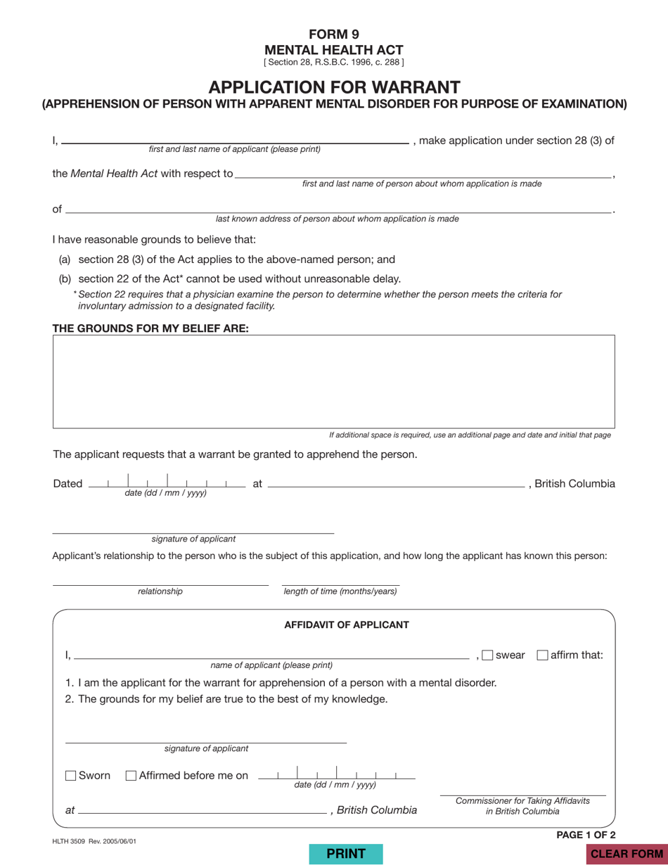 Form HLTH3509 (9) Application for Warrant (Apprehension of Person With Apparent Mental Disorder for Purpose of Examination) - British Columbia, Canada, Page 1