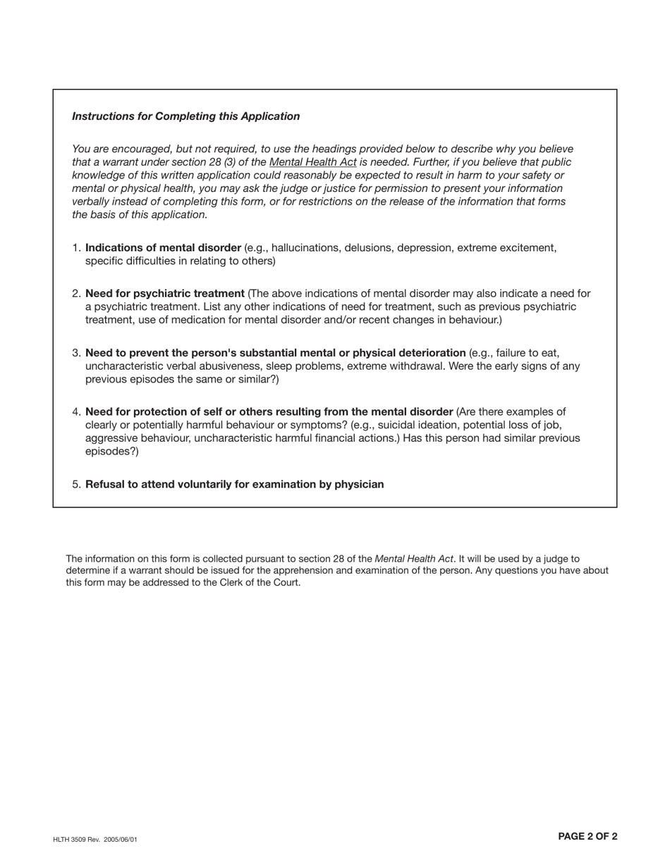 Form HLTH3509 (9) Application for Warrant (Apprehension of Person With Apparent Mental Disorder for Purpose of Examination) - British Columbia, Canada, Page 2