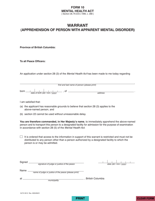 Form HLTH3510 (10) Warrant (Apprehension of Person With Apparent Mental Disorder) - British Columbia, Canada