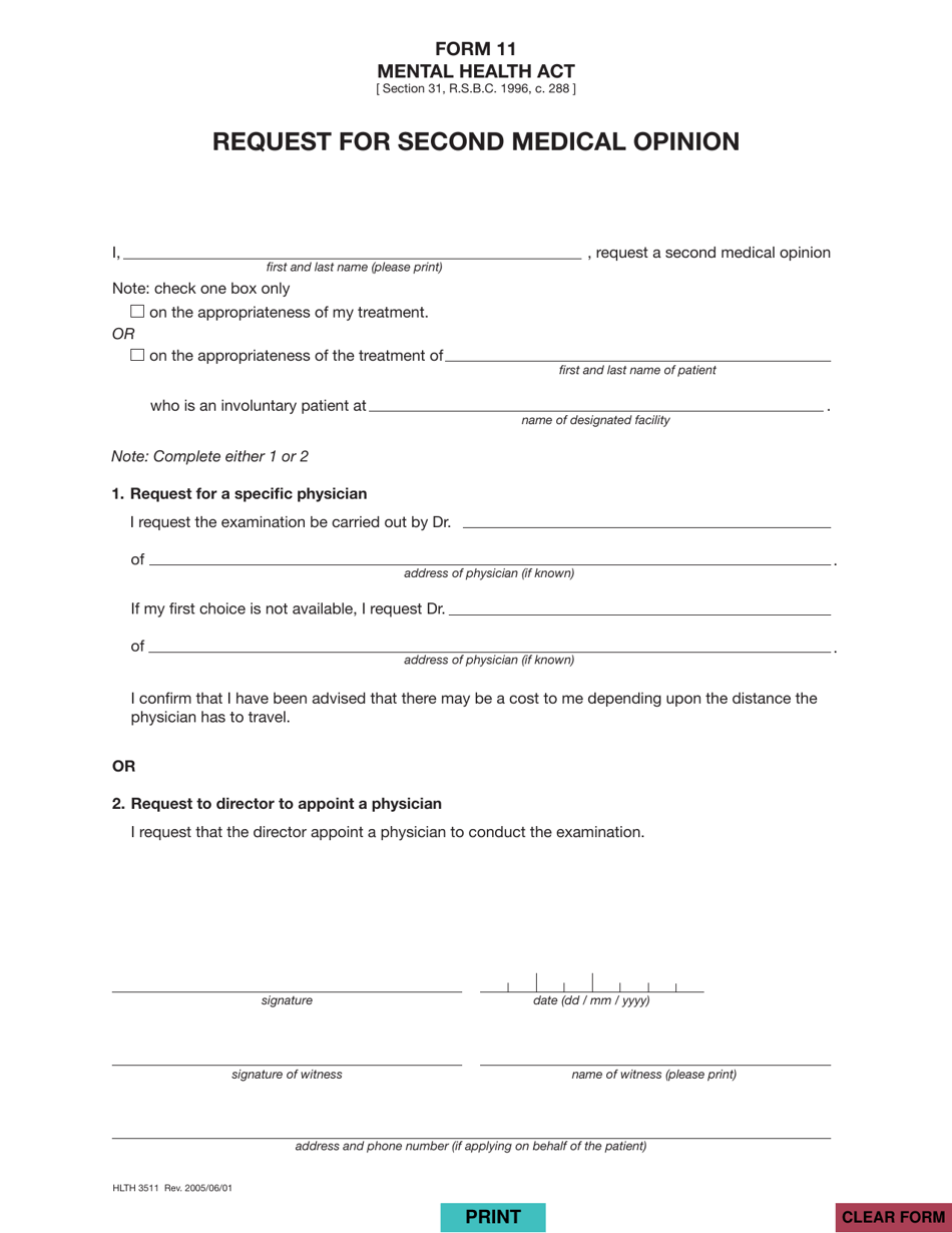 Form 11 (HLTH3511) Request for Second Medical Opinion - British Columbia, Canada, Page 1