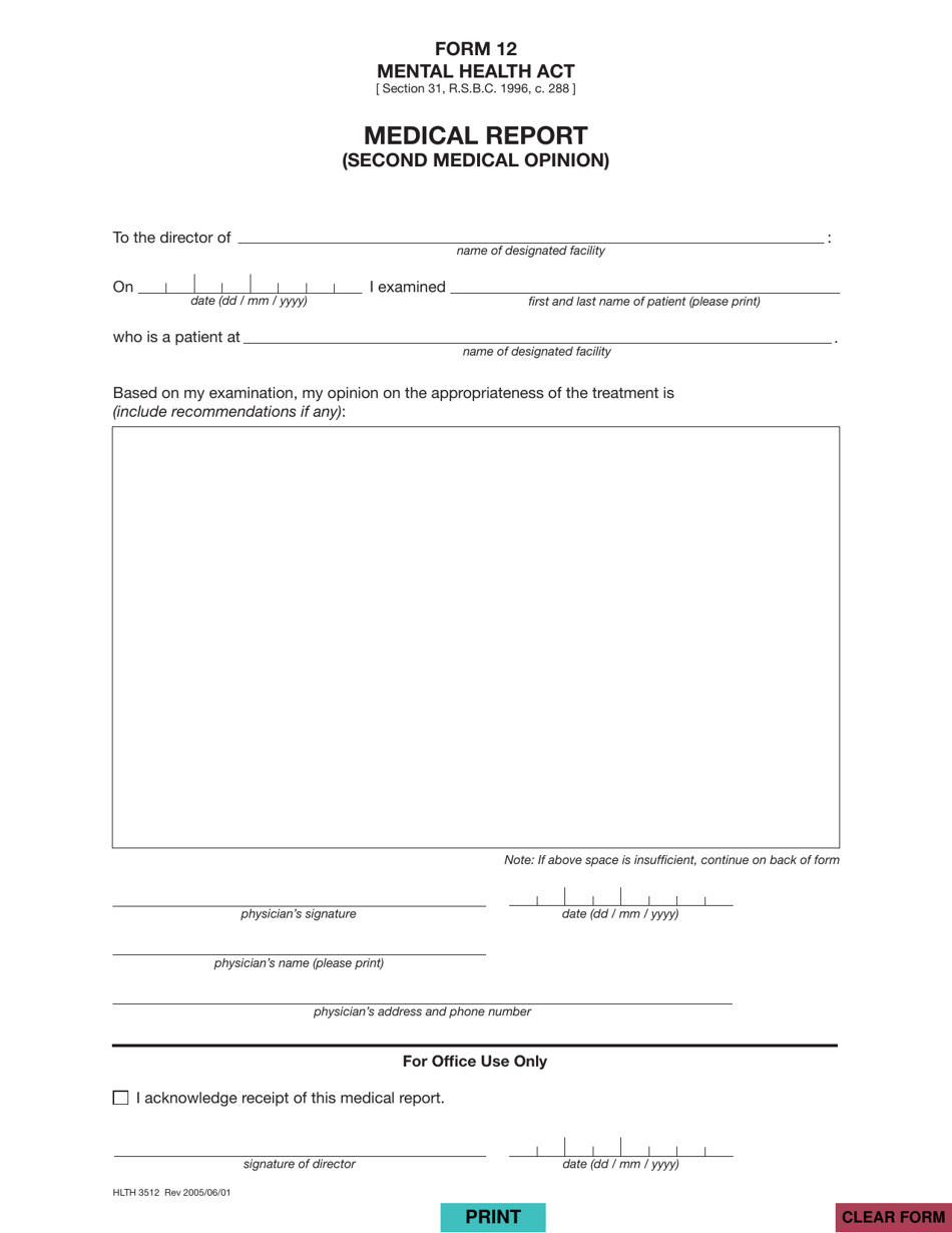 Form 12 (HLTH3512) Medical Report (Second Medical Opinion) - British Columbia, Canada, Page 1