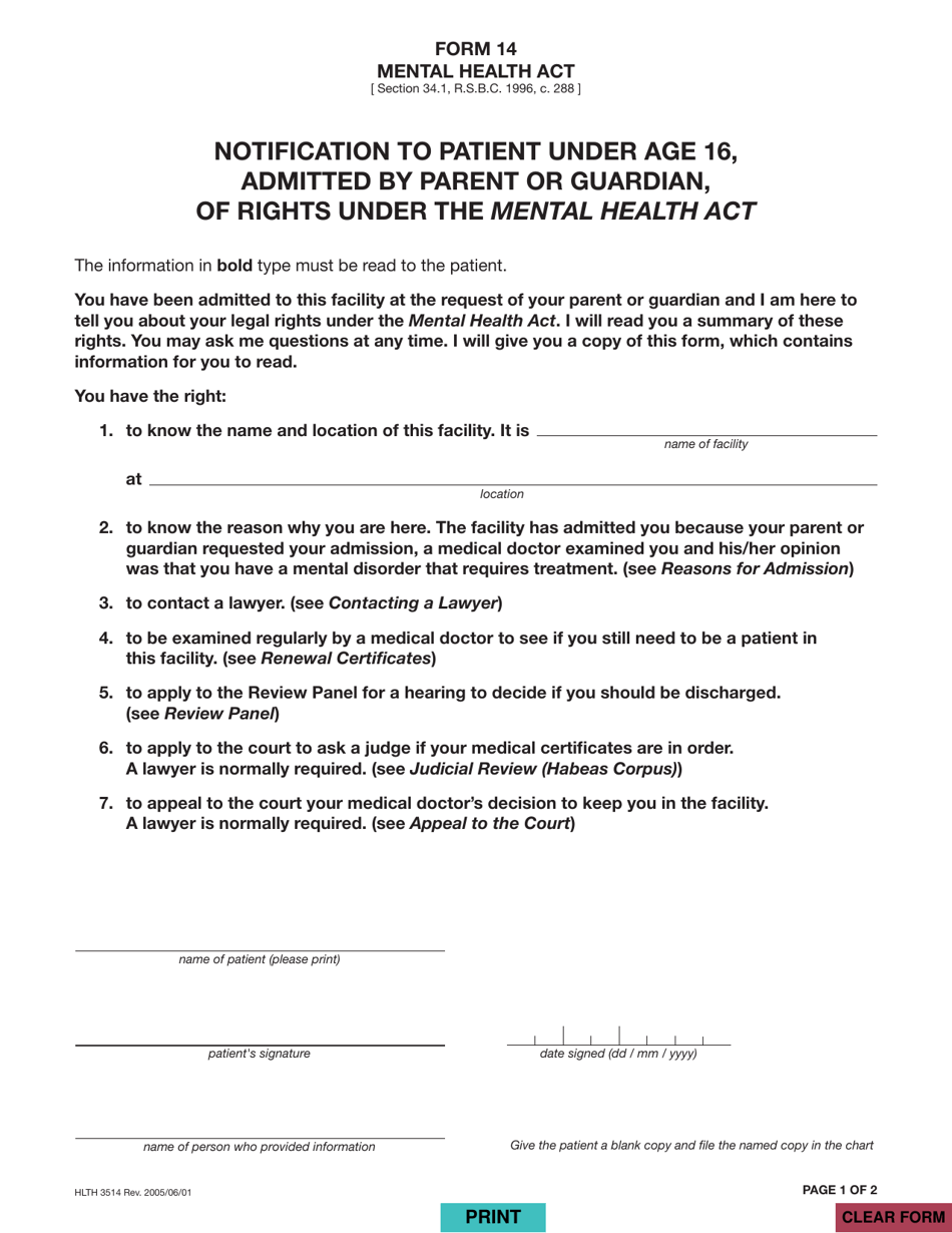 Form HLTH3514 (14) Notification of Patient Under 16, Admitted by a Parent or Guardian, of Rights Under the Mental Health Act - British Columbia, Canada, Page 1