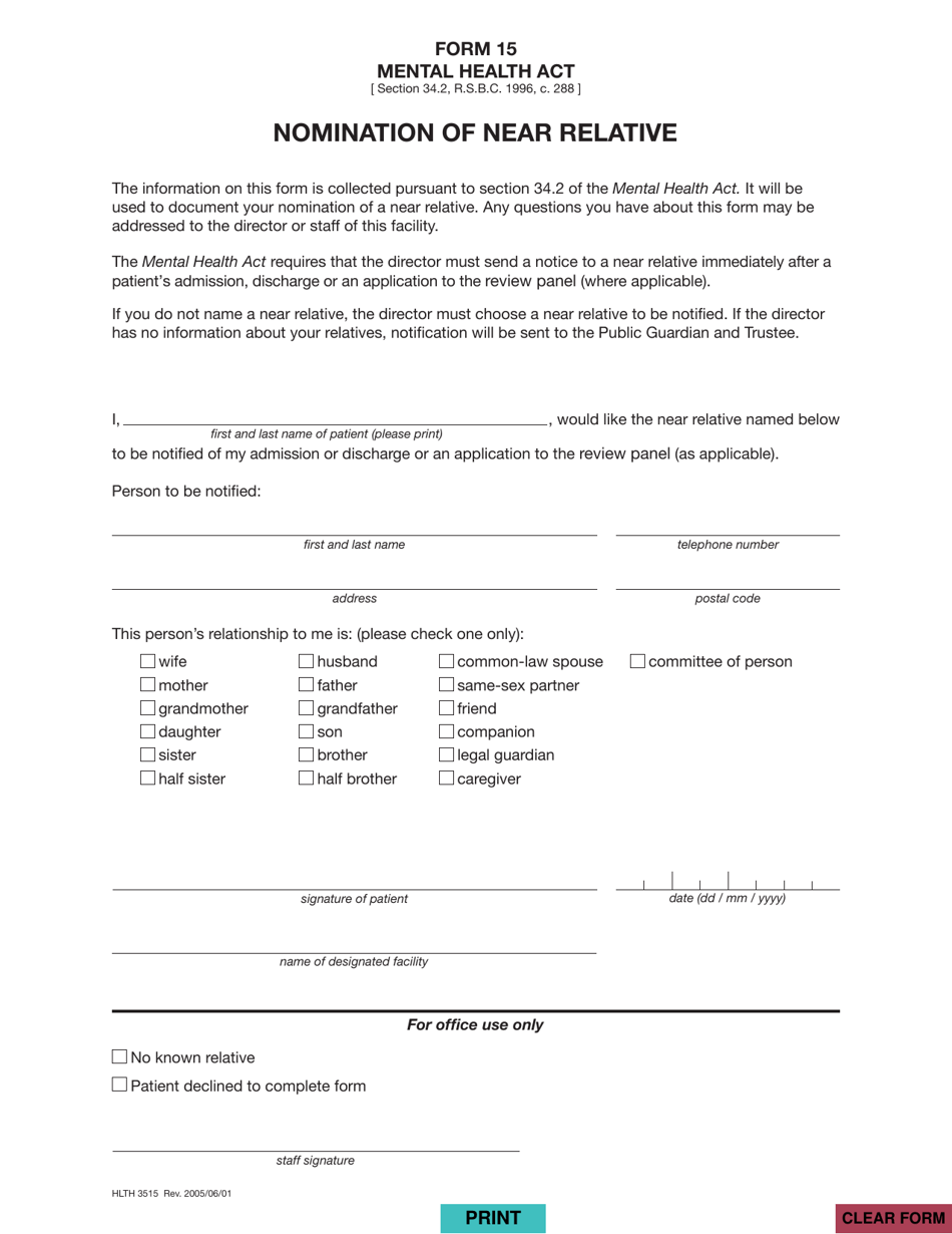 Form 15 (HLTH3515) Nomination of Near Relative - British Columbia, Canada, Page 1