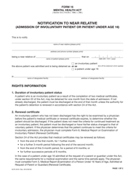 Form 16 (HLTH3516) Notification to Near Relative (Admission of Involuntary Patient or Patient Under Age 16) - British Columbia, Canada