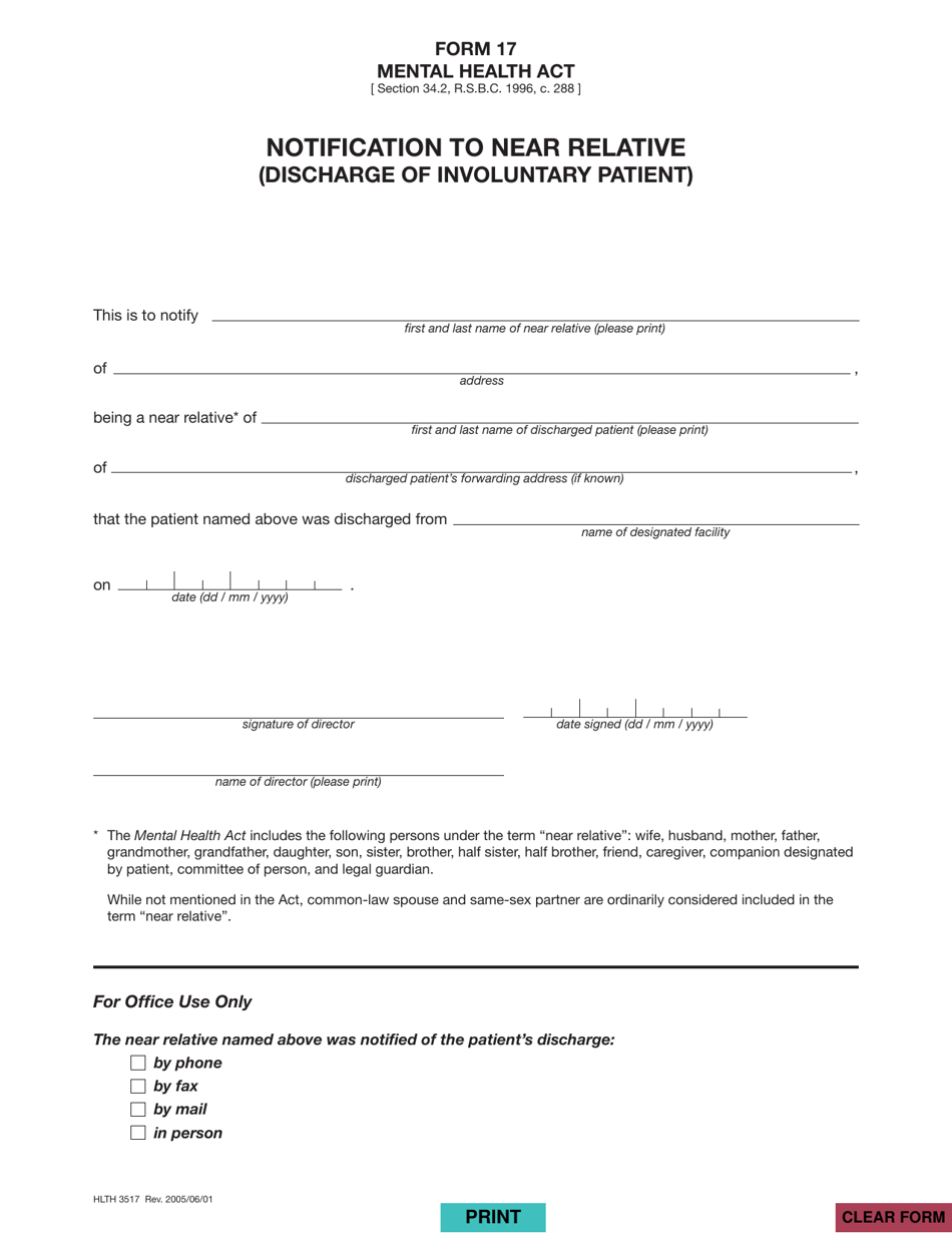 Form 17 (HLTH3517) Notification to Near Relative (Discharge of Involuntary Patient) - British Columbia, Canada, Page 1